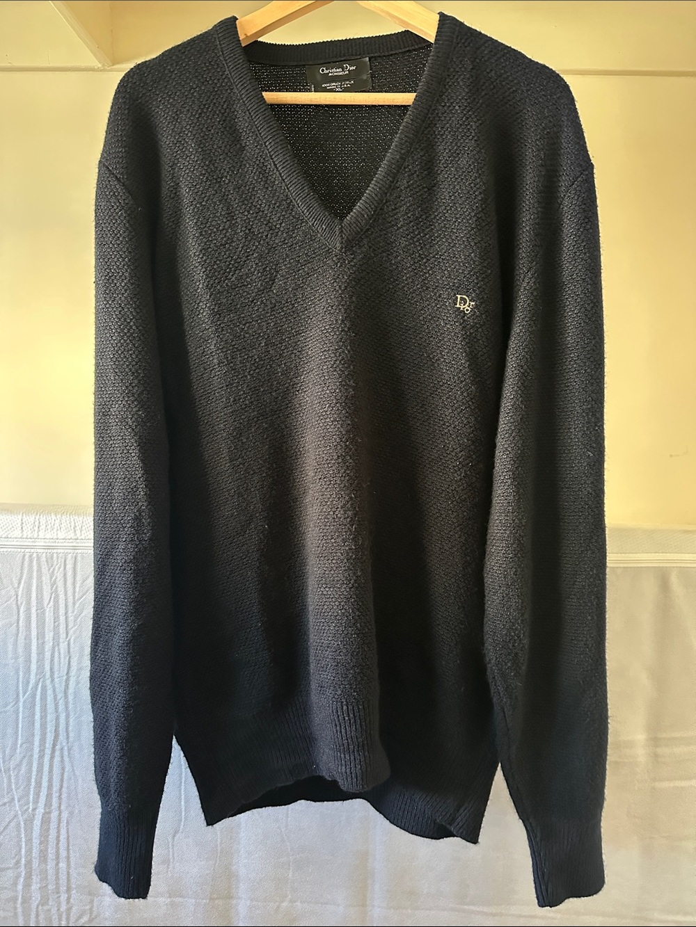 Vintage Christian Dior Monsieur v-neck logo textured knit boxy grandpa sweater